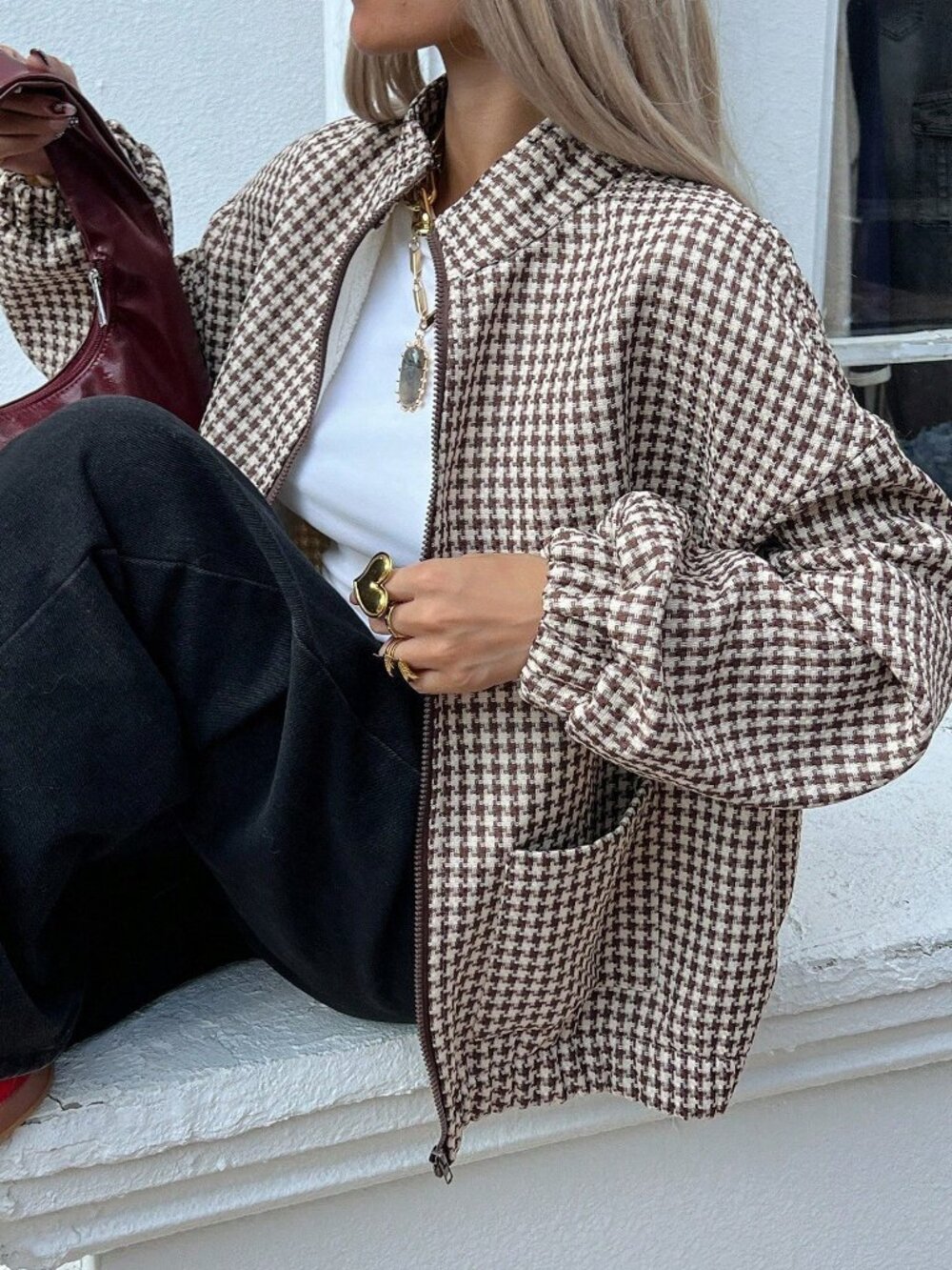 Brown Casual Women's Loose Fit Houndstooth Jacket - Picture 7 of 8